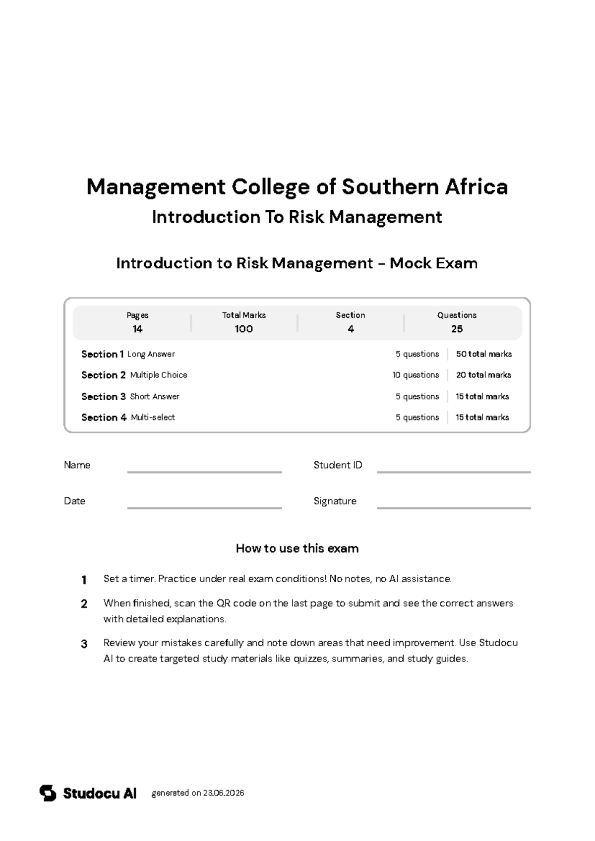 Introduction to Risk Management - Mock Exam - Studocu