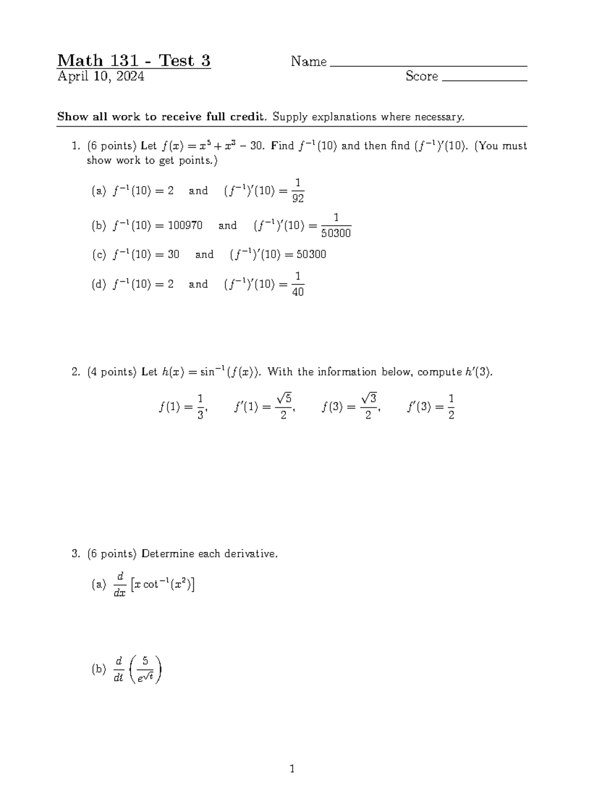 MATH 131 - Test 3 Problems and Solutions (April 10, 2024) - Studocu