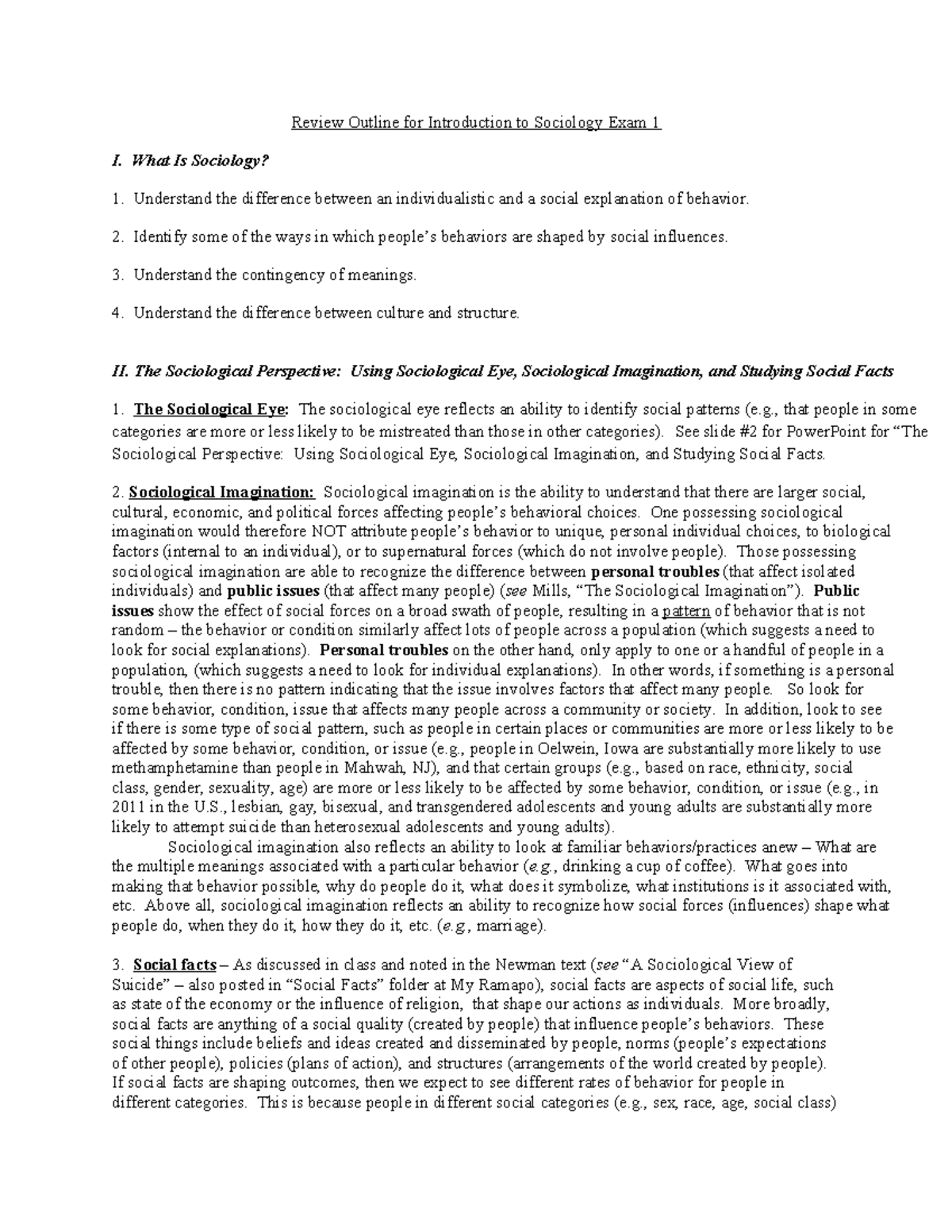 Review Outline for Intro to Sociology Exam 1: Key Concepts & Theories ...