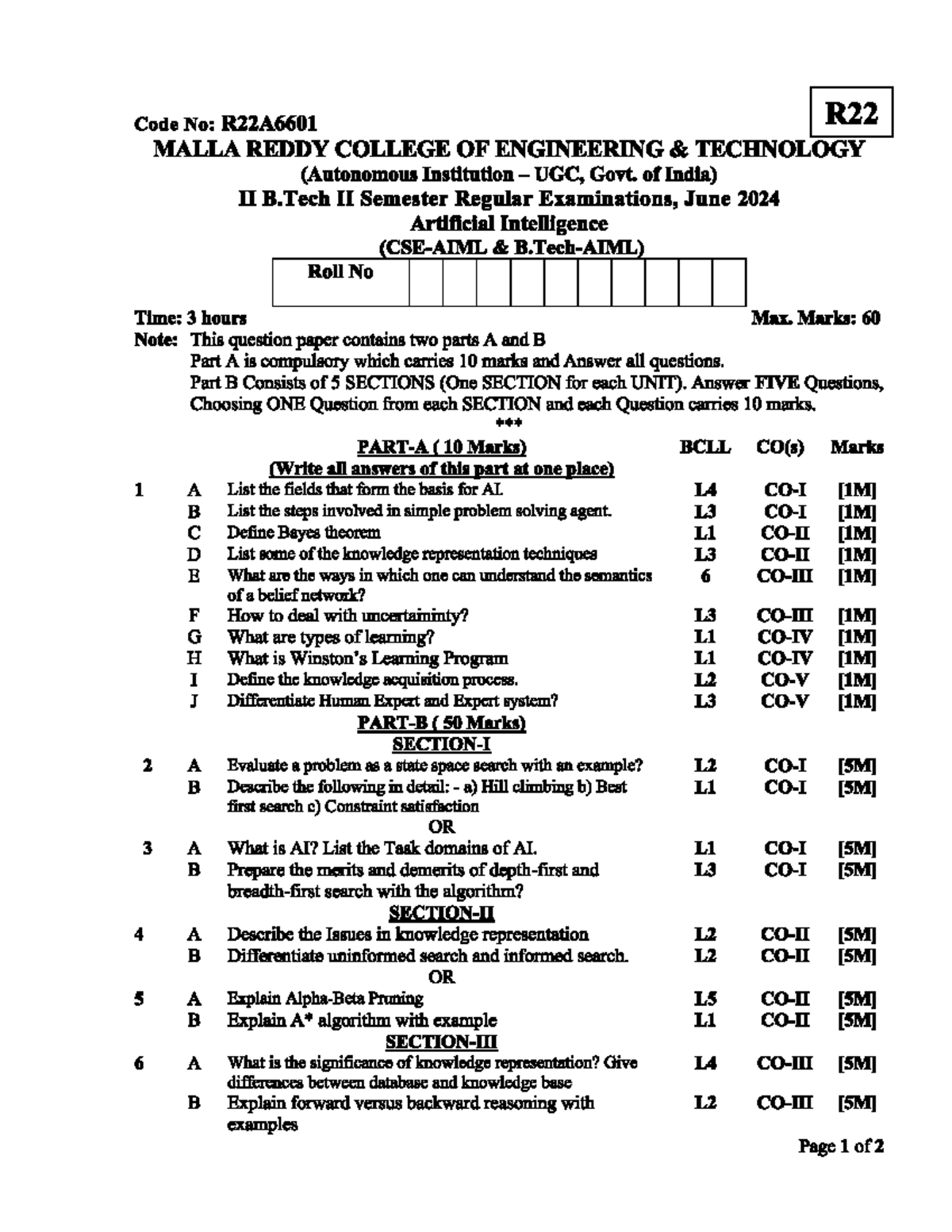 Ai - more quaction papers - Code No: R22A6601 R22 MALLA REDDY COLLEGE ...