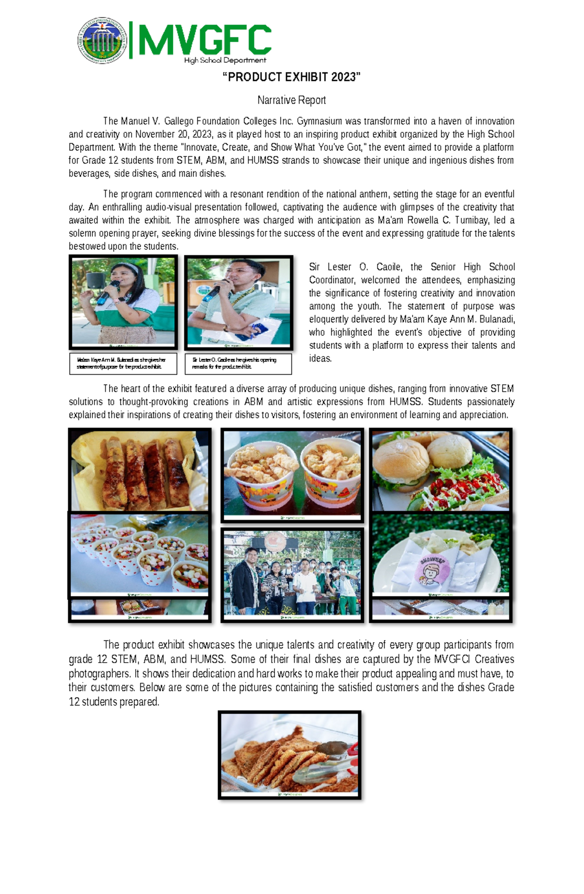 Final Narrative Report on Product Exhibit 2023 at MVGFCI Gymnasium ...