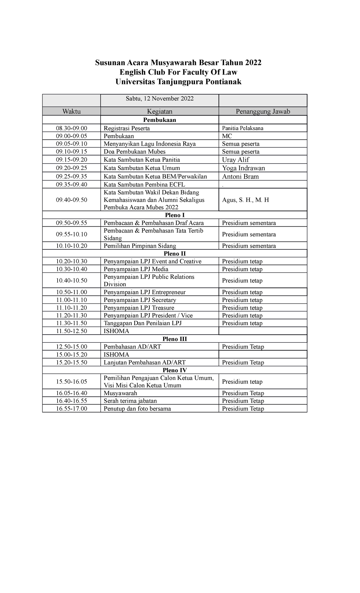 Rundown Mubes 2022 ACC-2: Agenda English Club Faculty of Law - Studocu