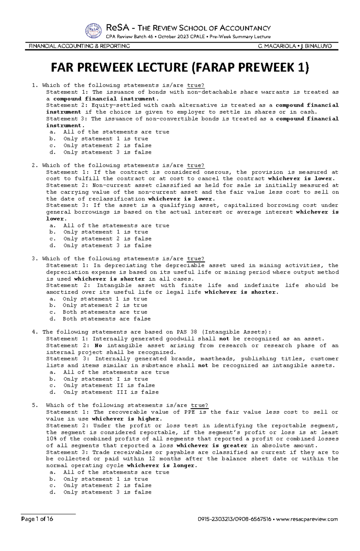 FARAP Preweek 1 (B46) - CPA Review Notes for October 2023 Exam - Studocu