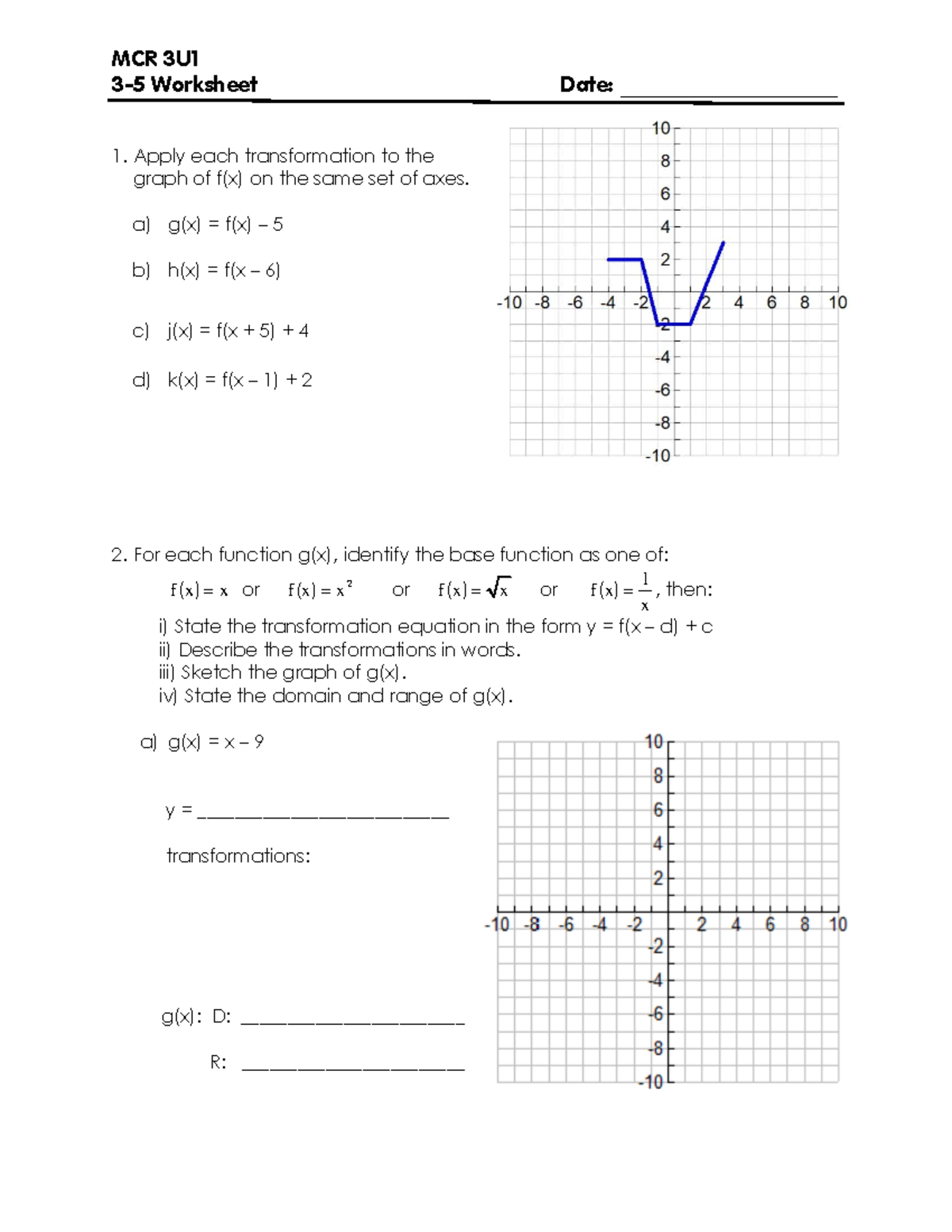 MCR 3U1 Transformations Worksheet - Graphing Functions - Studocu