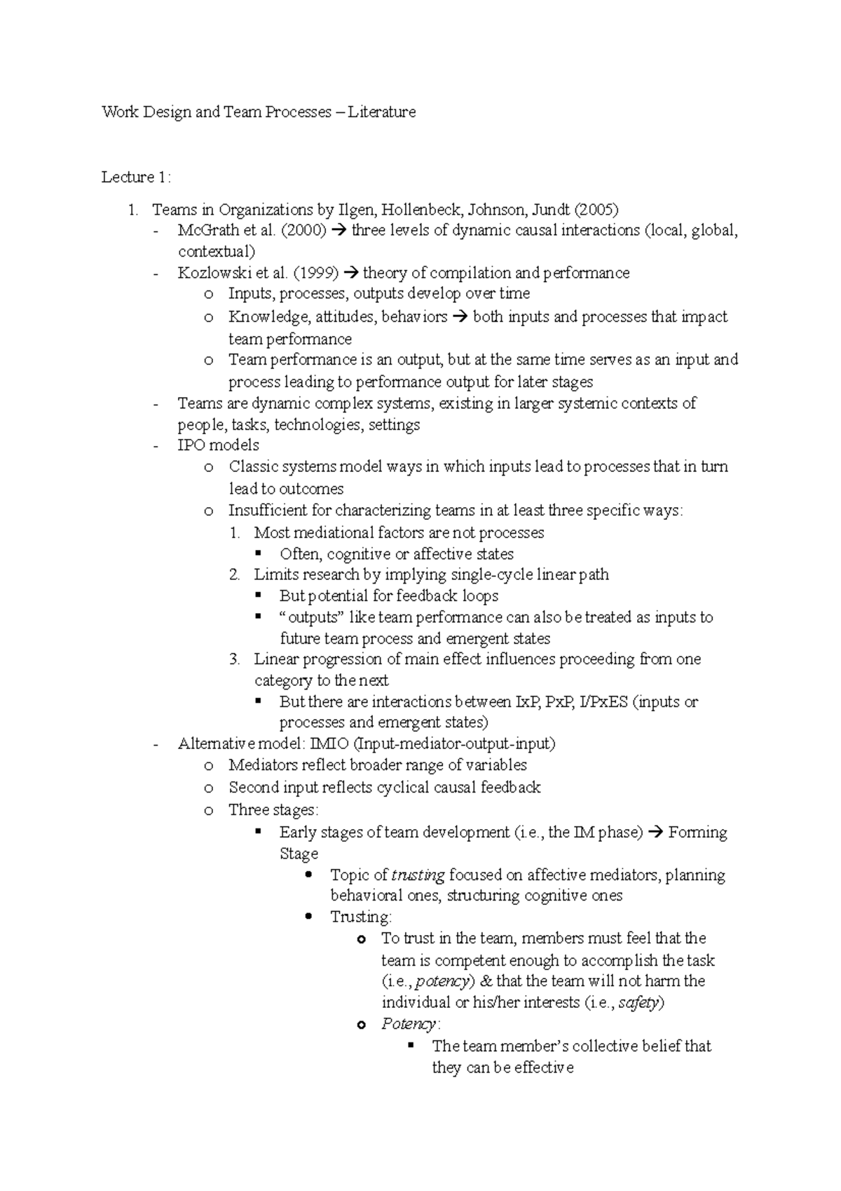 Work Design and Team Processes - Lecture Notes[4696] - Studeersnel