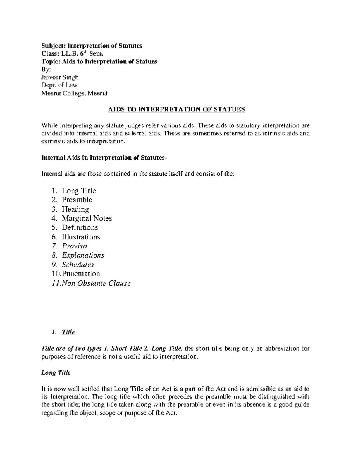 Aids to Interpretation of Statutes - LL.B. 6th Sem. Lecture Notes - Studocu