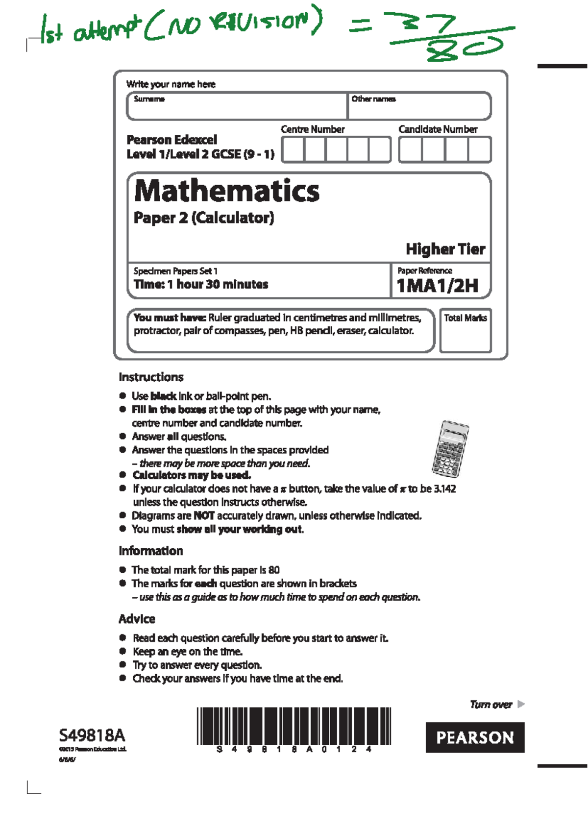 Pearson Edexcel Level 2 GCSE Maths Paper 2 Specimen Exam (Calculator ...