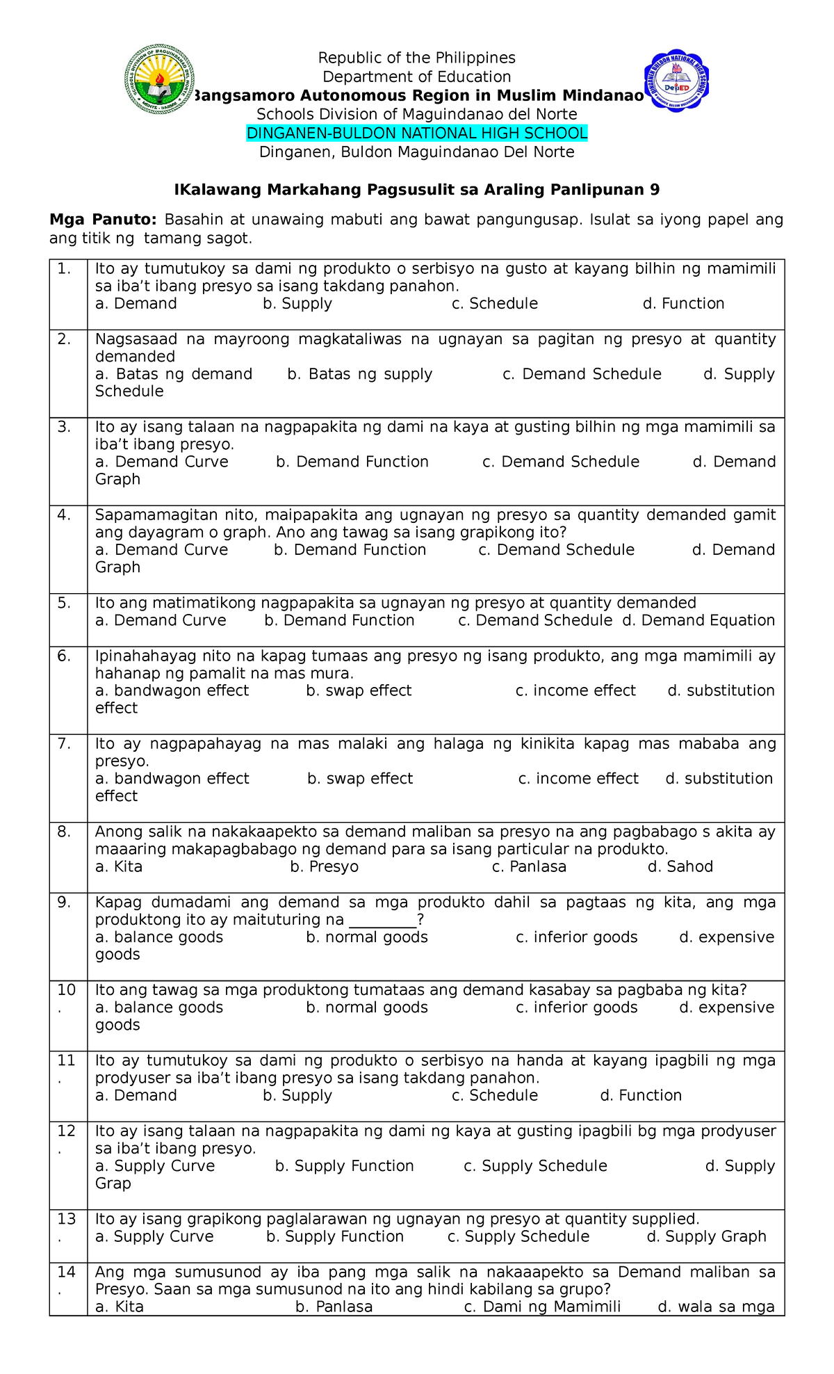AP 9 EXAM - sample of exam - Republic of the Philippines Department of ...