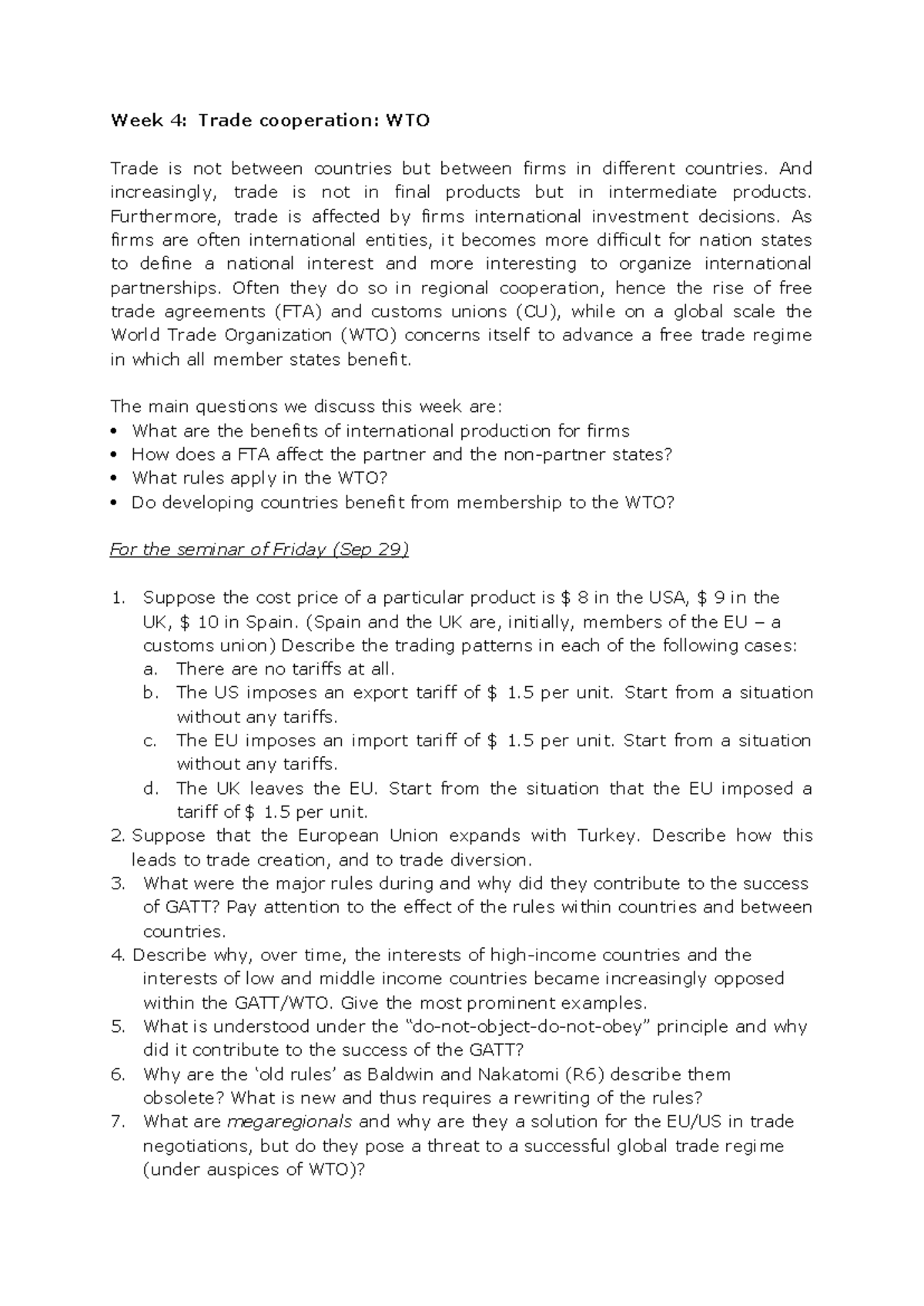 WTO Trade Cooperation: Week 4 Exercises (Sept 29) - Studeersnel