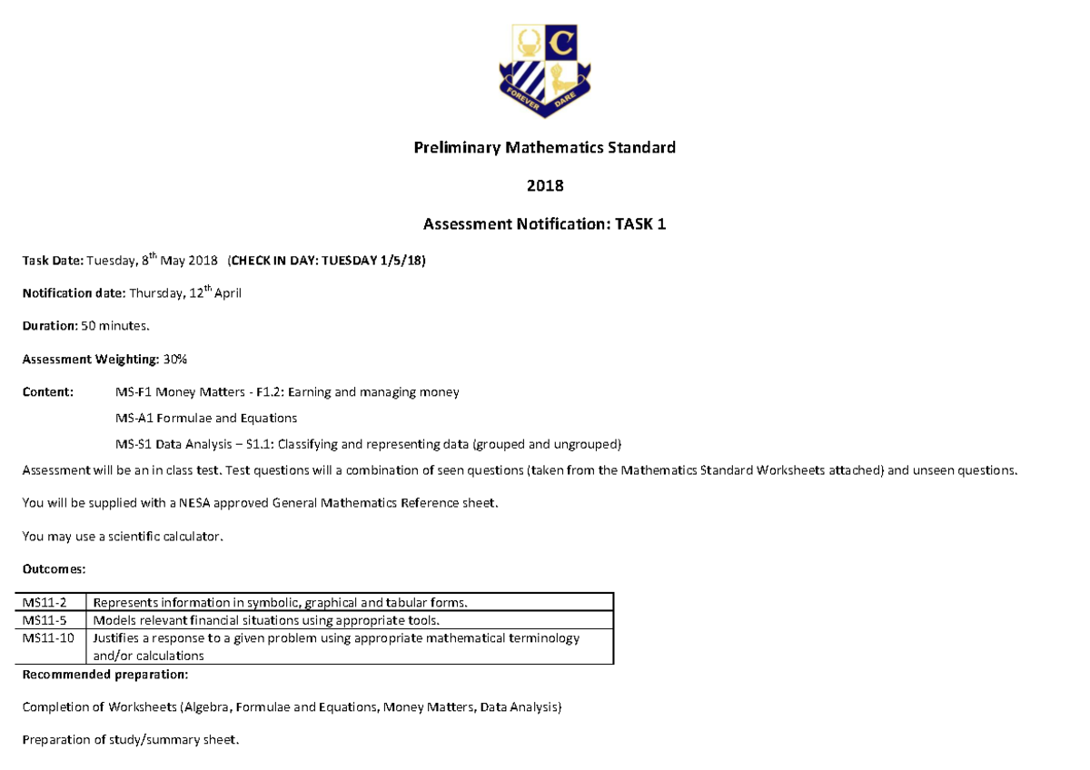 Preliminary Mathematics Standard 2 Assessment Task 1 Notification - Studocu