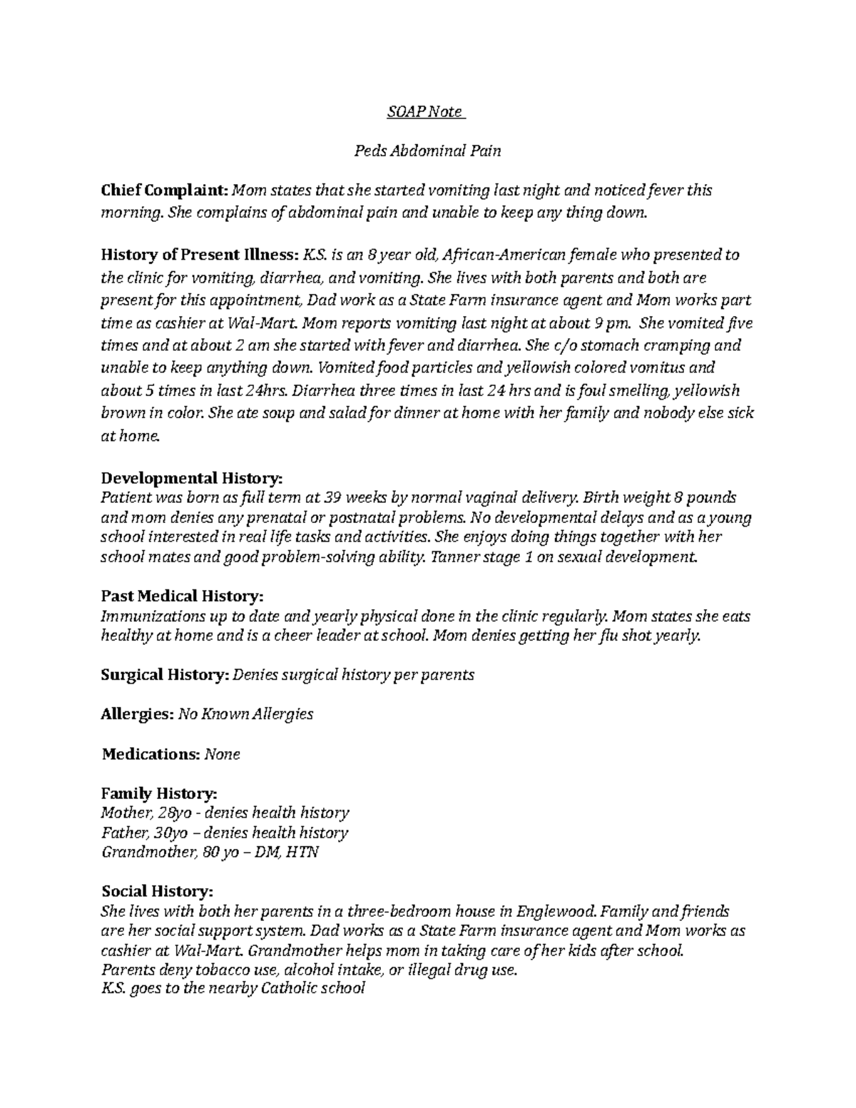 Peds Abd Pain - soap note - SOAP Note Peds Abdominal Pain Chief ...