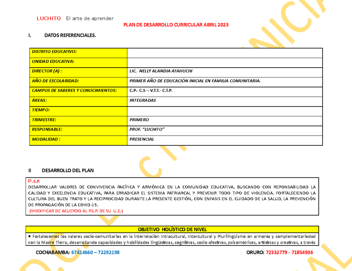 P. D. C. 2023 Abril Inicial 1 Luchito - PLAN DE DESARROLLO CURRICULAR ...