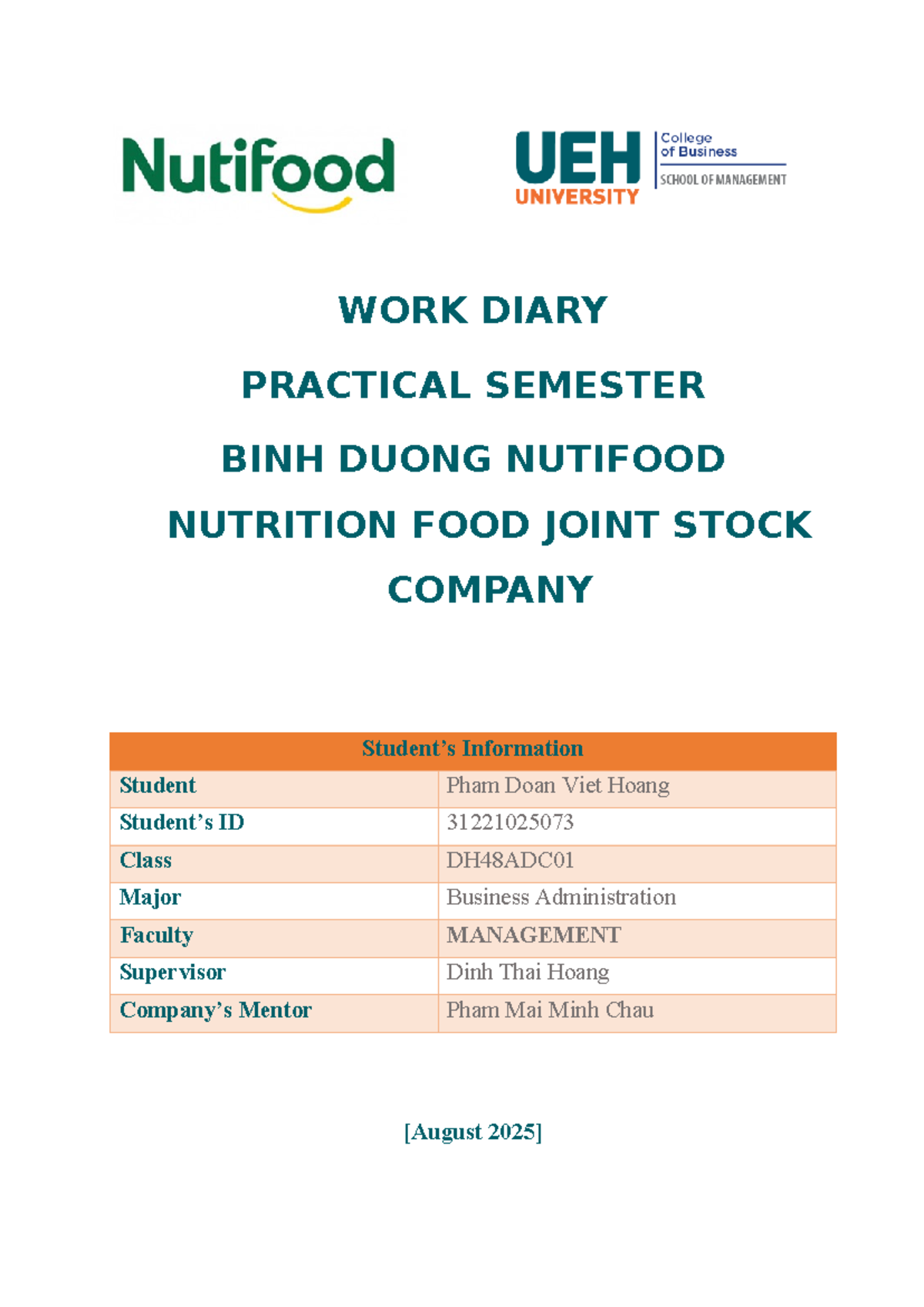 Work Diary - Week 1 Report for DH48ADC01 at NutiFood - Studocu