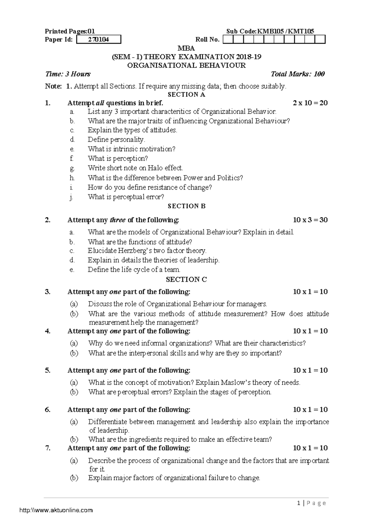 MBA 1st Sem Organisational Behaviour KMB105 Theory Exam Notes 2018 ...