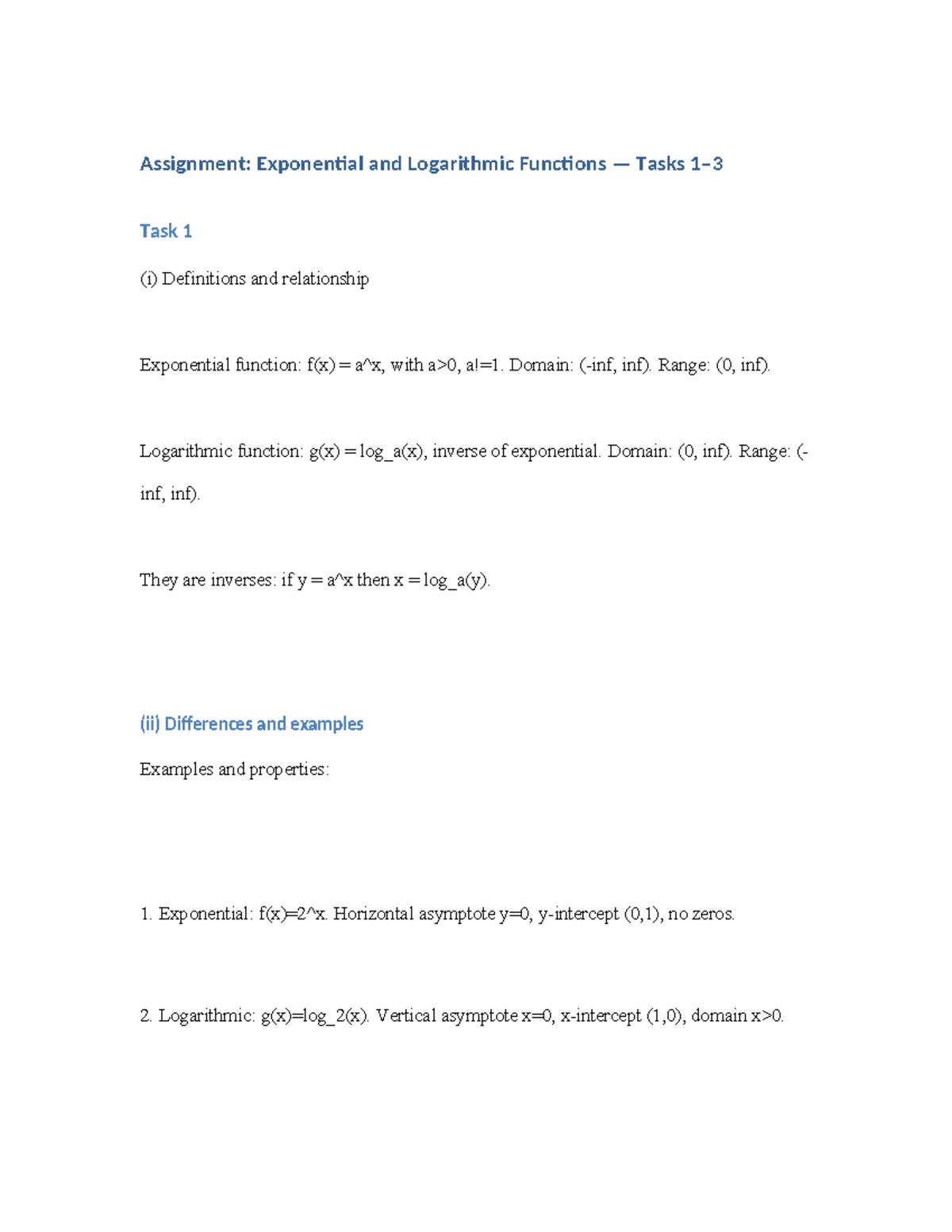 Assignment: Exponential and Logarithmic Functions Tasks 1-3 - Studocu
