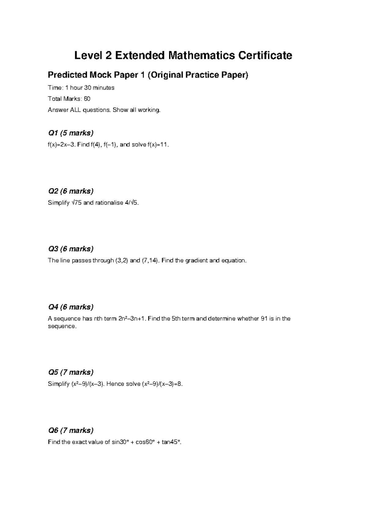 L2 Extended Maths 2026 Predicted Mock Paper 1: Practice Questions - Studocu