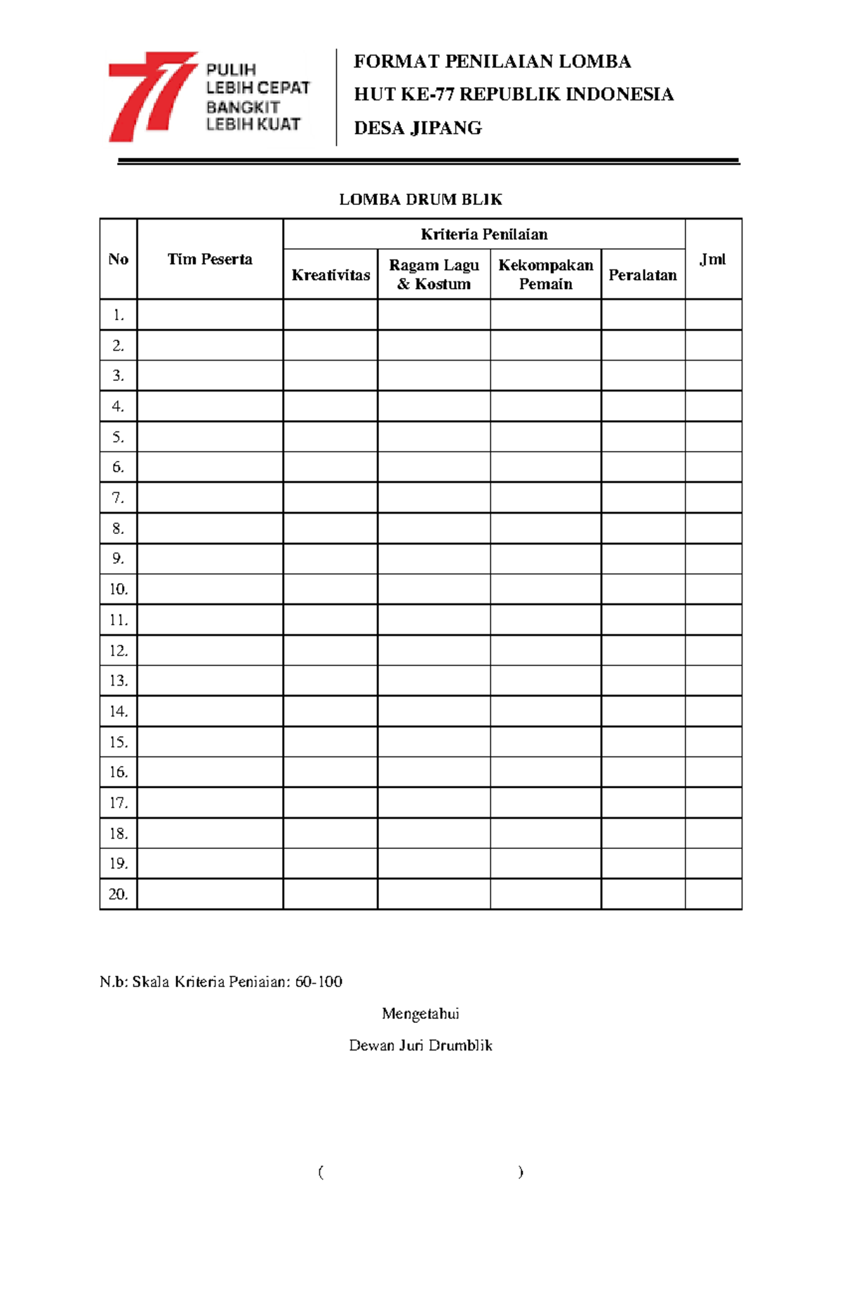 Format Penilaian Lomba HUT Ke-77 RI di Desa Jipang - Document Preview