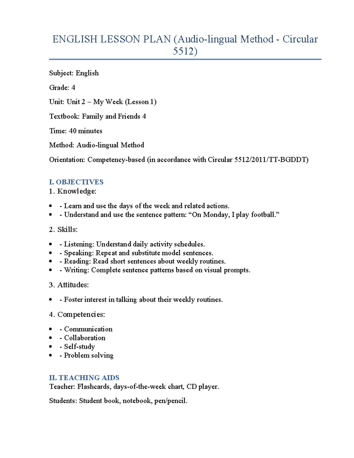 ENGLISH GRADE 4 LESSON PLAN: UNIT 2 MY WEEK (CIRCULAR 5512) - Studocu