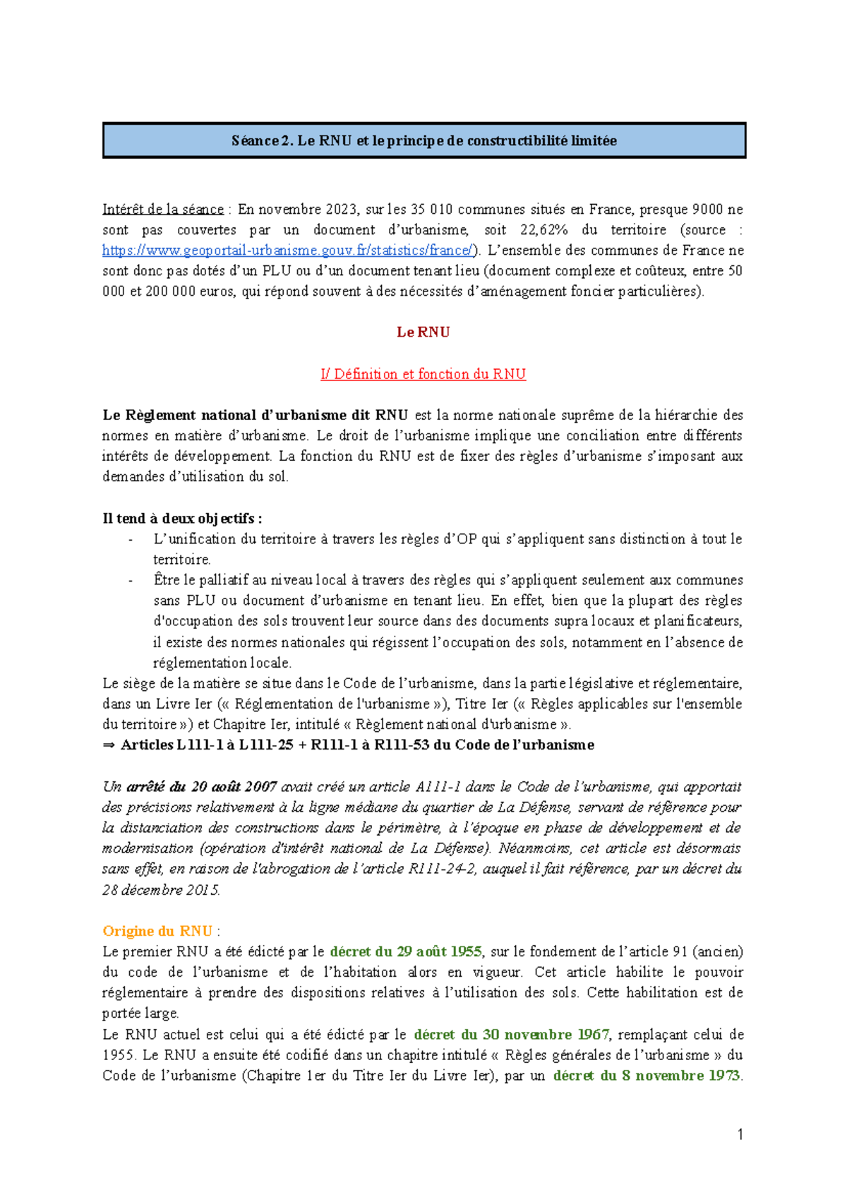 Séance 2 : RNU et Principe de Constructibilité Limitée en Droit ...