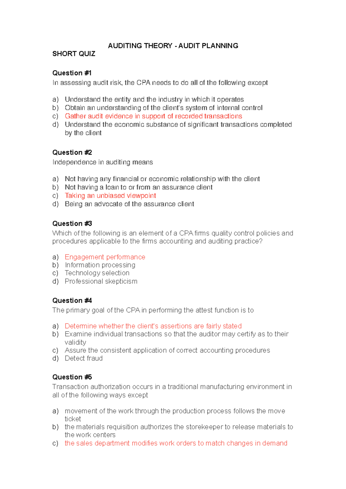 AUDITING THEORY - AUDIT PLANNING PRACTICE QUIZ 1 QUESTIONS & ANSWERS ...