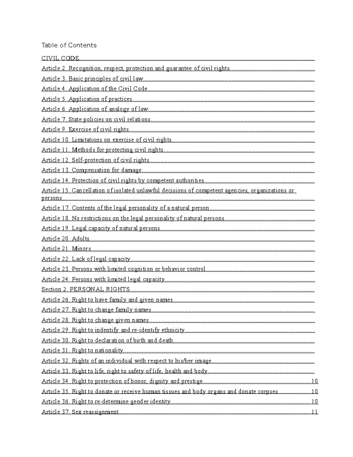 Civil code 2015 mục lục 1 - Table of Contents CIVIL - Studocu