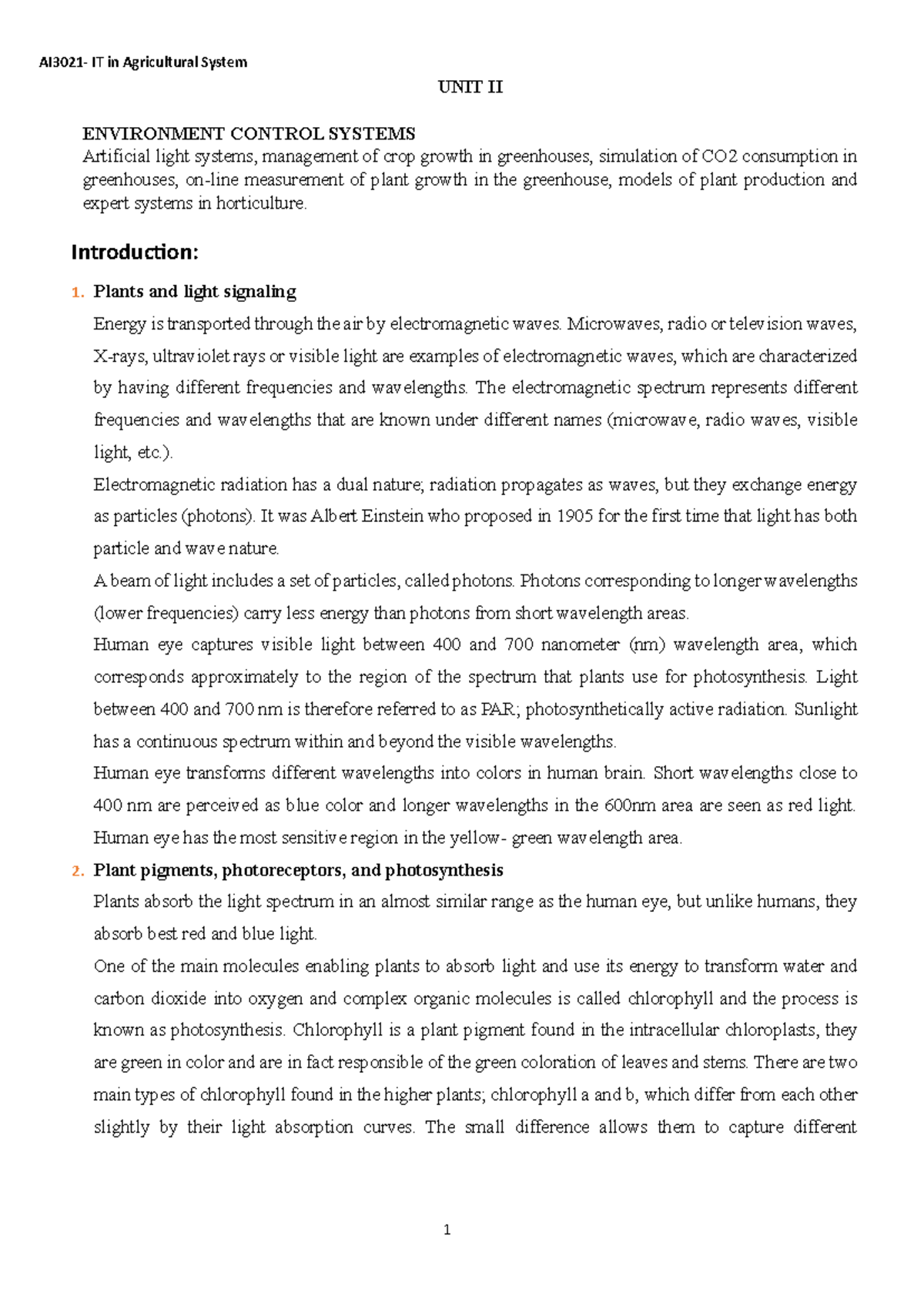 AI3021 - Unit II Notes on Environment Control Systems in Agriculture ...