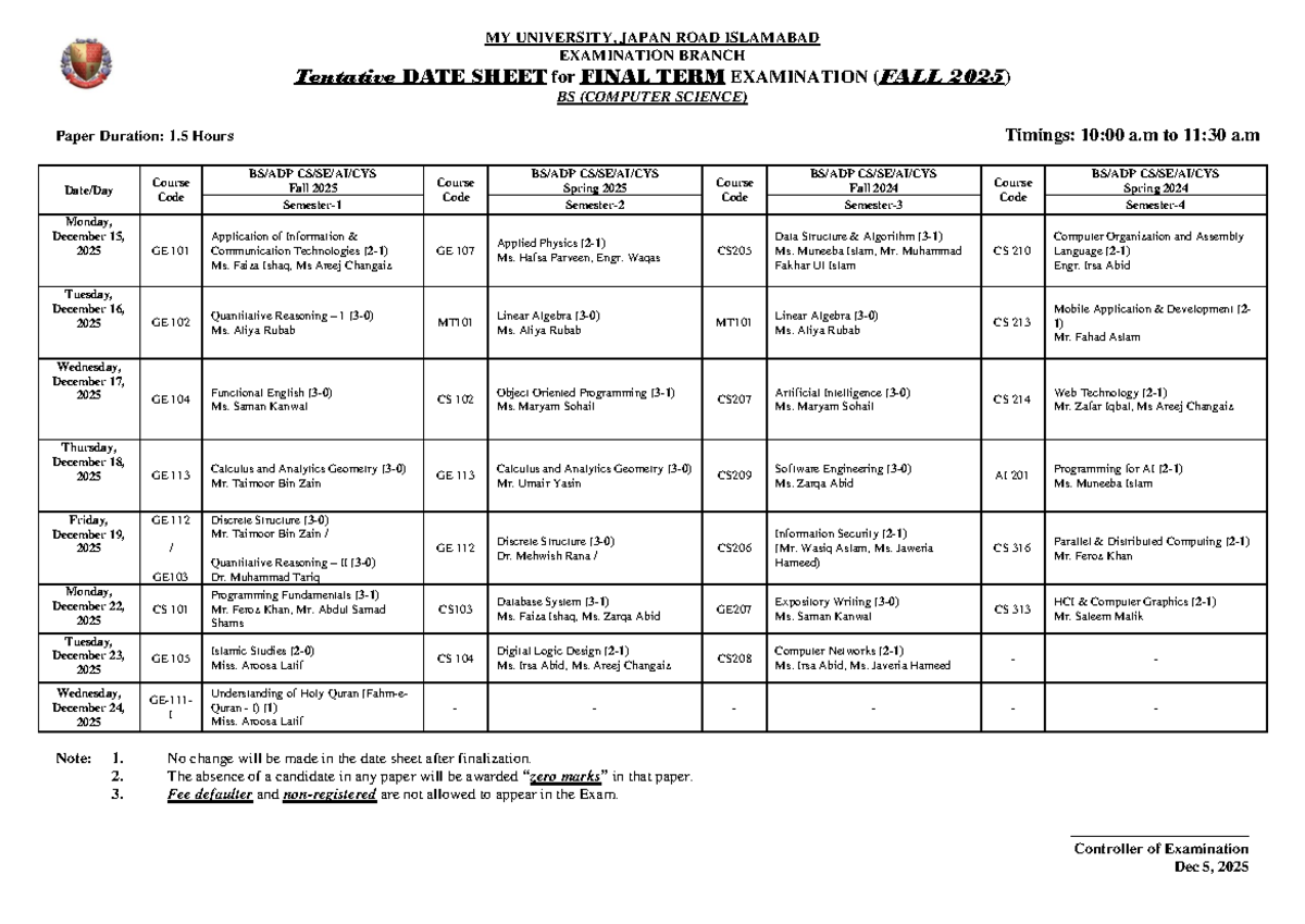 Tentative Date Sheet for BS (CS) Final Term Exams - Fall 2025 - Studocu