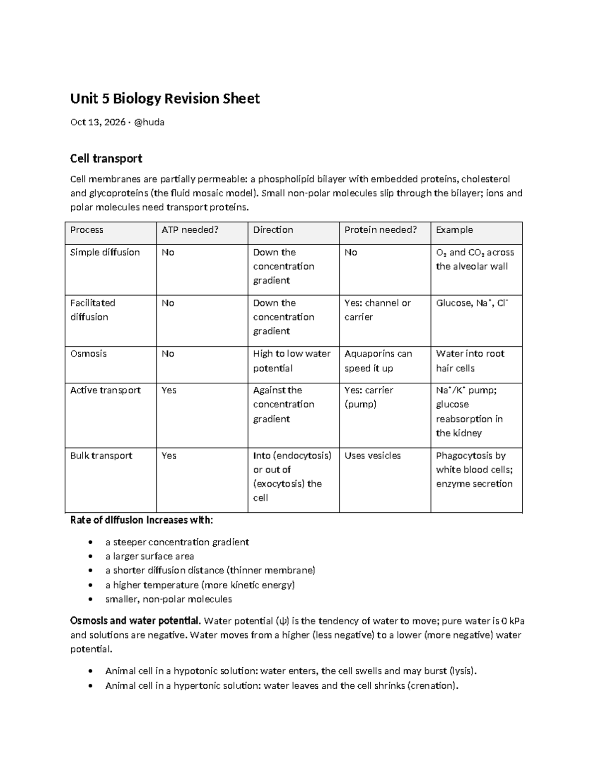 Unit 5 Biology Revision Notes: Cell Transport & Homeostasis - Studocu