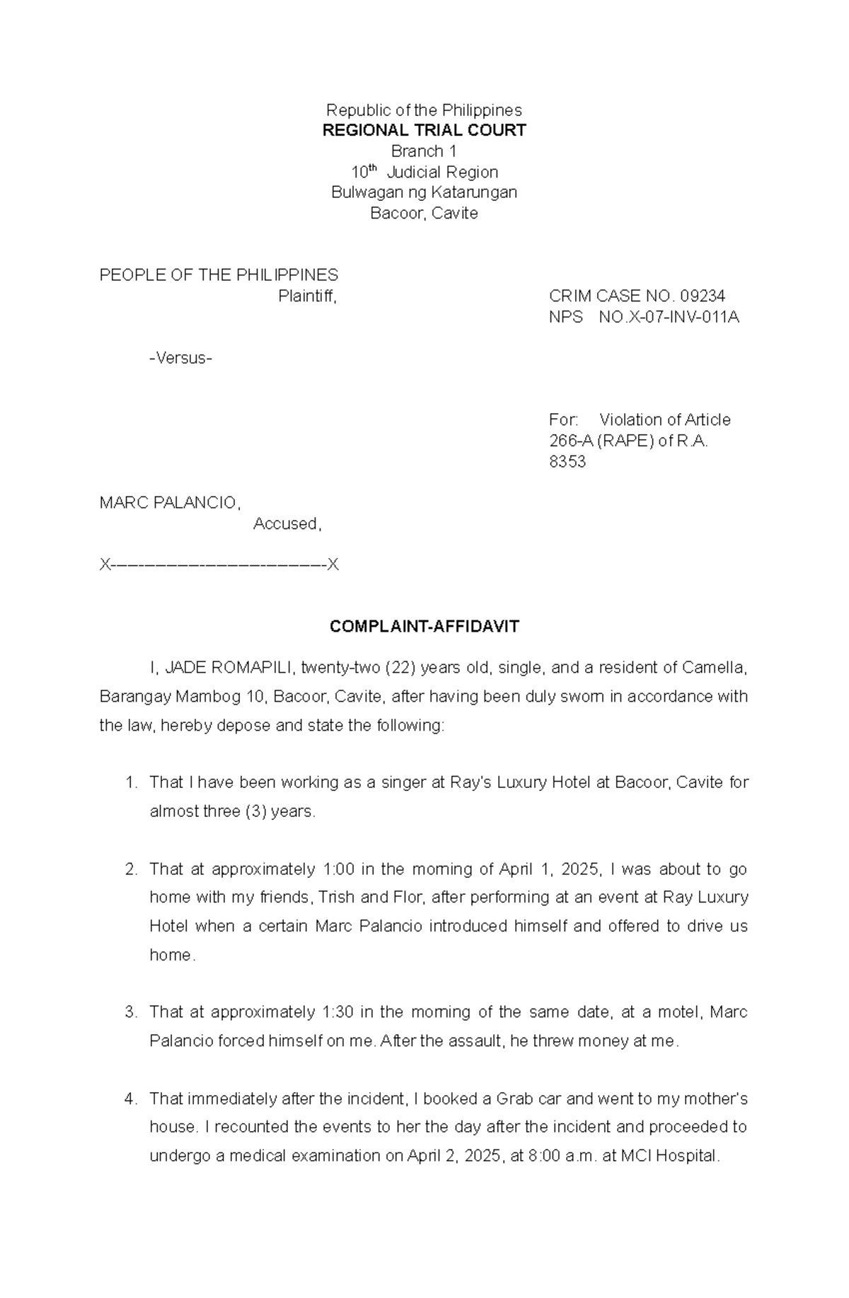CRIM CASE NO. 09234 NPS: Sample Complaint for Rape Incident - Studocu