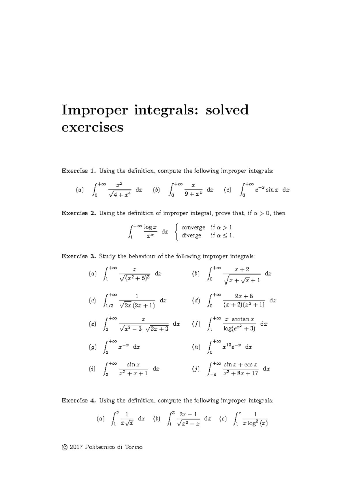 Improper Integrals Exercises Solutions - MATH 403 - Studocu