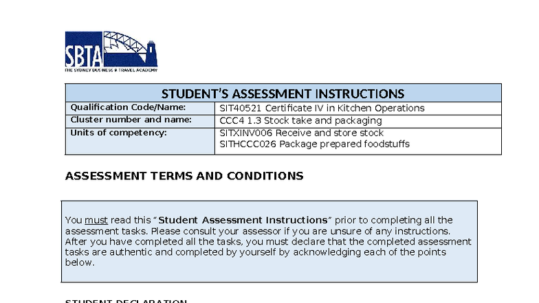 SIT40521 Certificate IV in Kitchen Operations: Assessment Instructions ...
