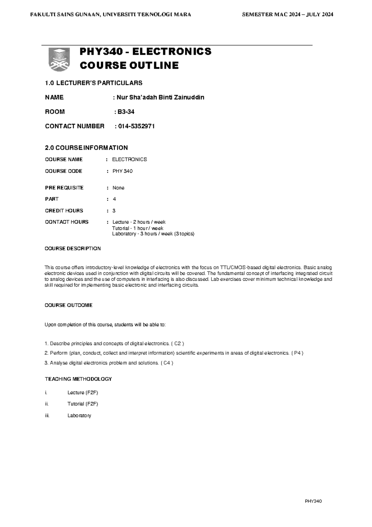 Course Outline for PHY340: Electronics - Semester Mac 2024 to July 2024 ...