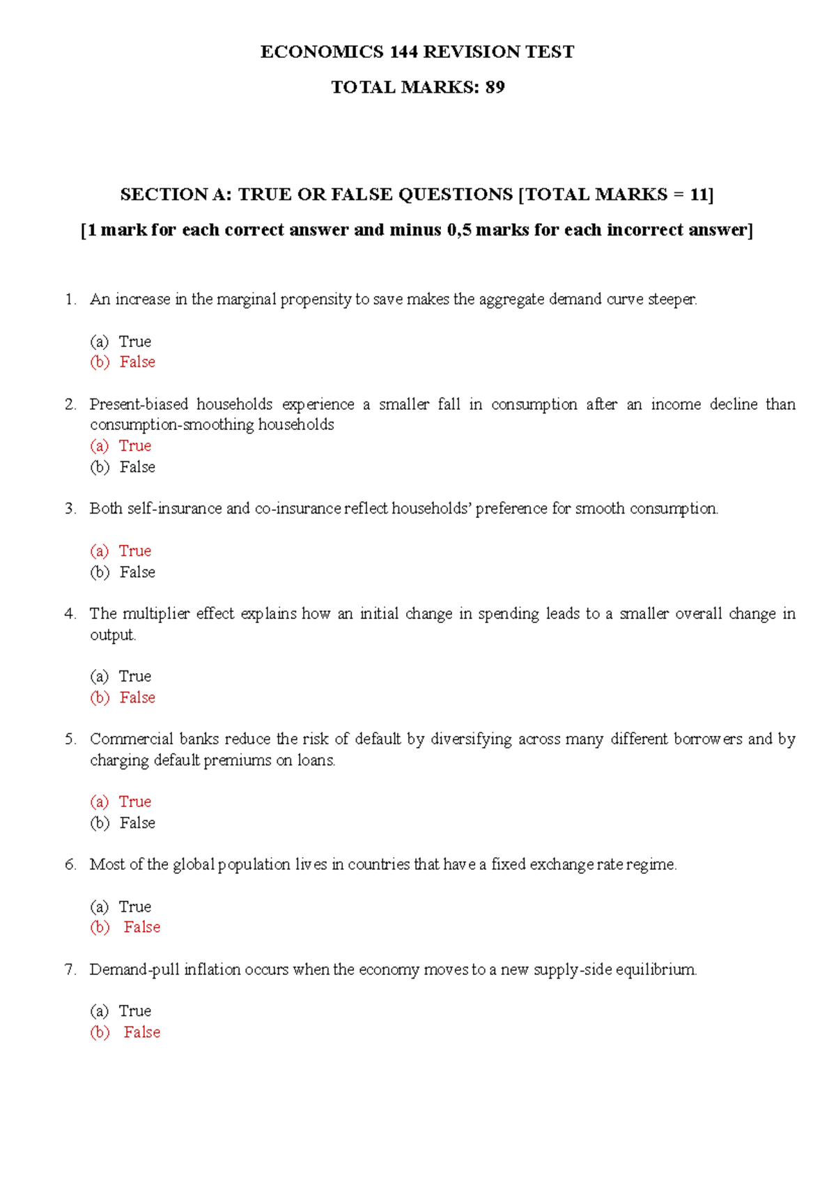 ECONOMICS 144 A2 REVISION TEST: TRUE/FALSE & MCQ QUESTIONS - Studocu