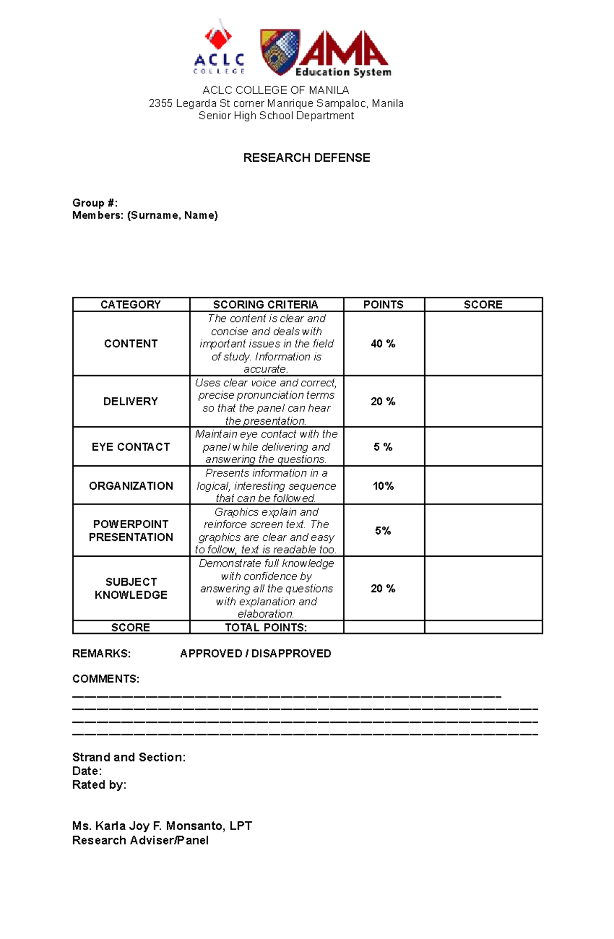 ACLC 2355 Research Defense Criteria and Scoring Guide - Studocu