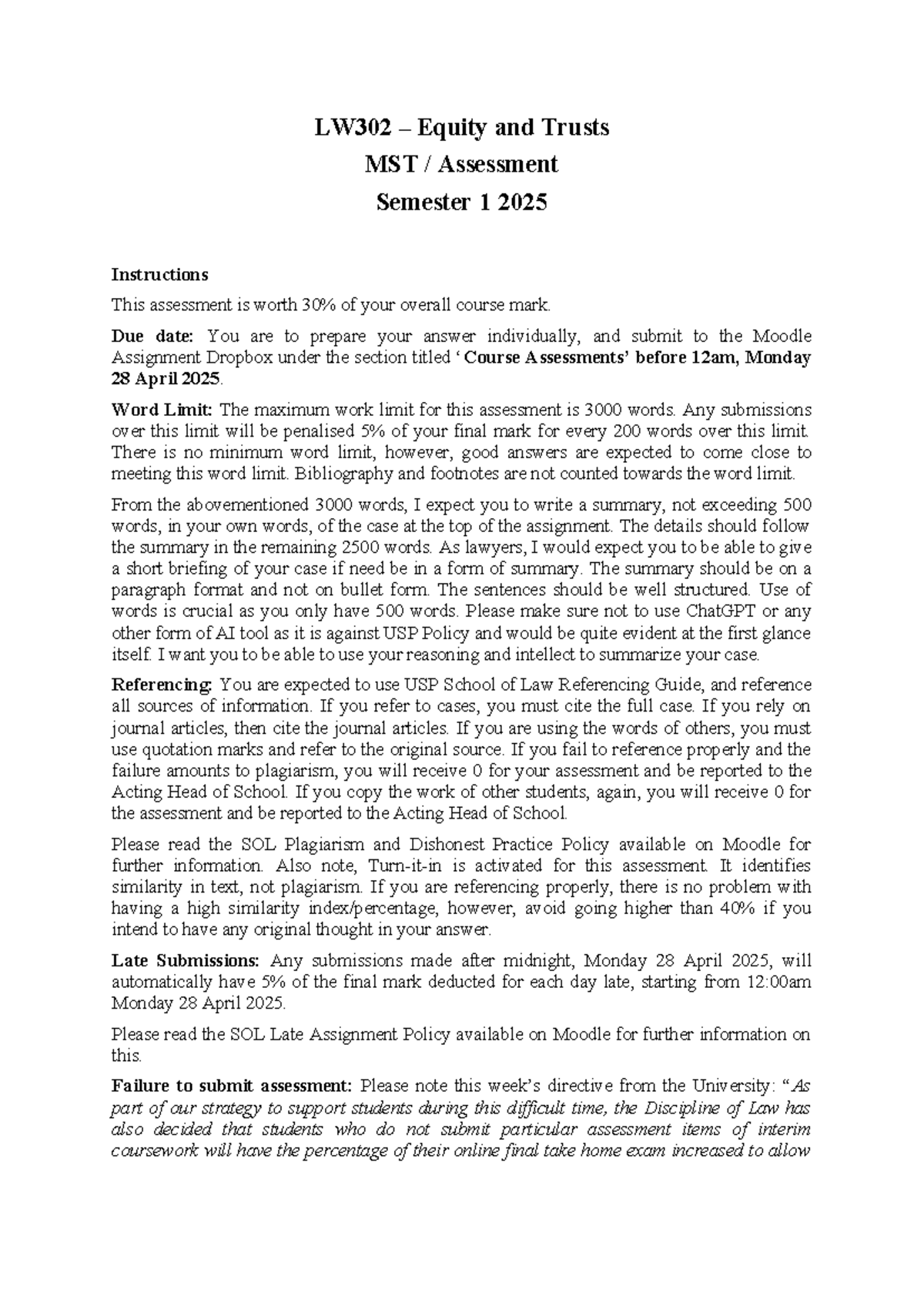 LW302 Equity and Trusts MST Assessment Guidelines Semester 1 2025 - Studocu