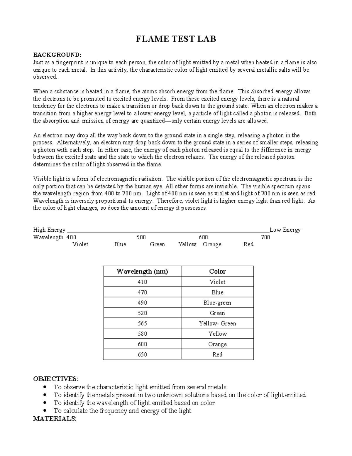 Flame Test Lab: Observing Colors & Metals (Revised 2019) - Studocu