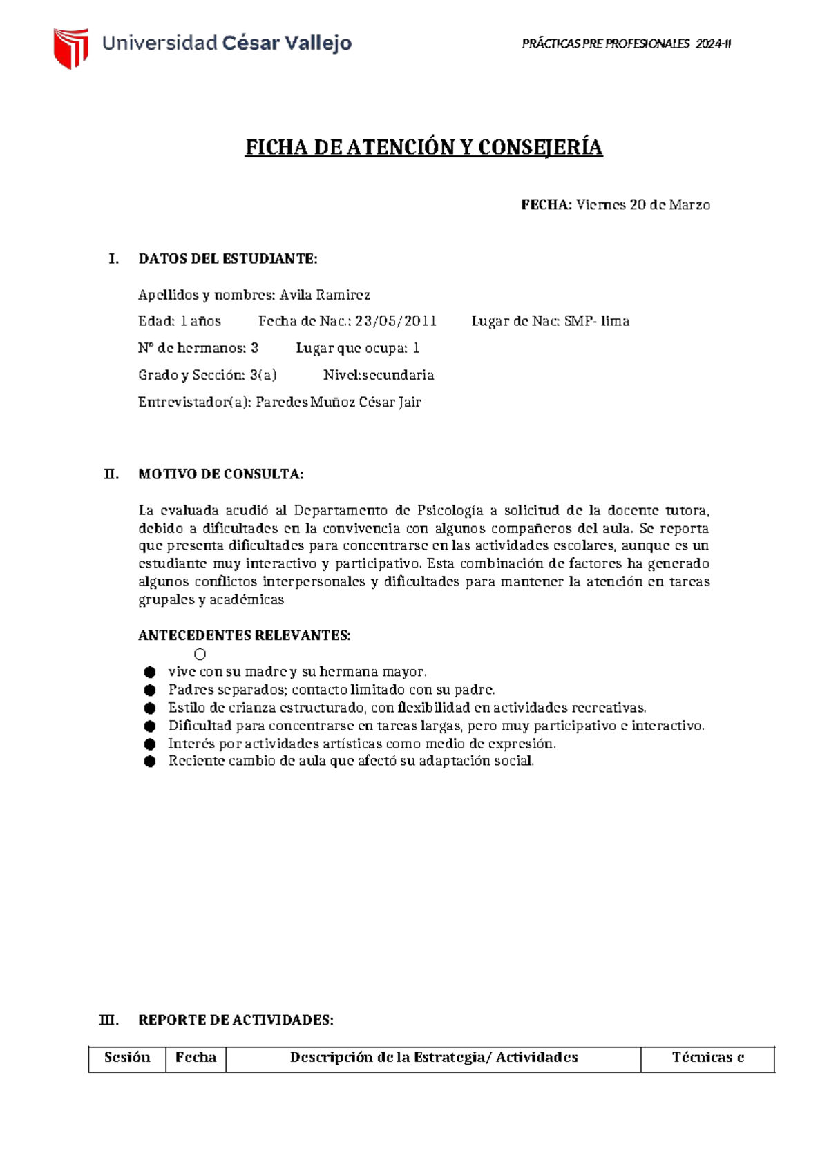Ficha de Atención y Consejería - Prácticas Pre Profesionales - Studocu