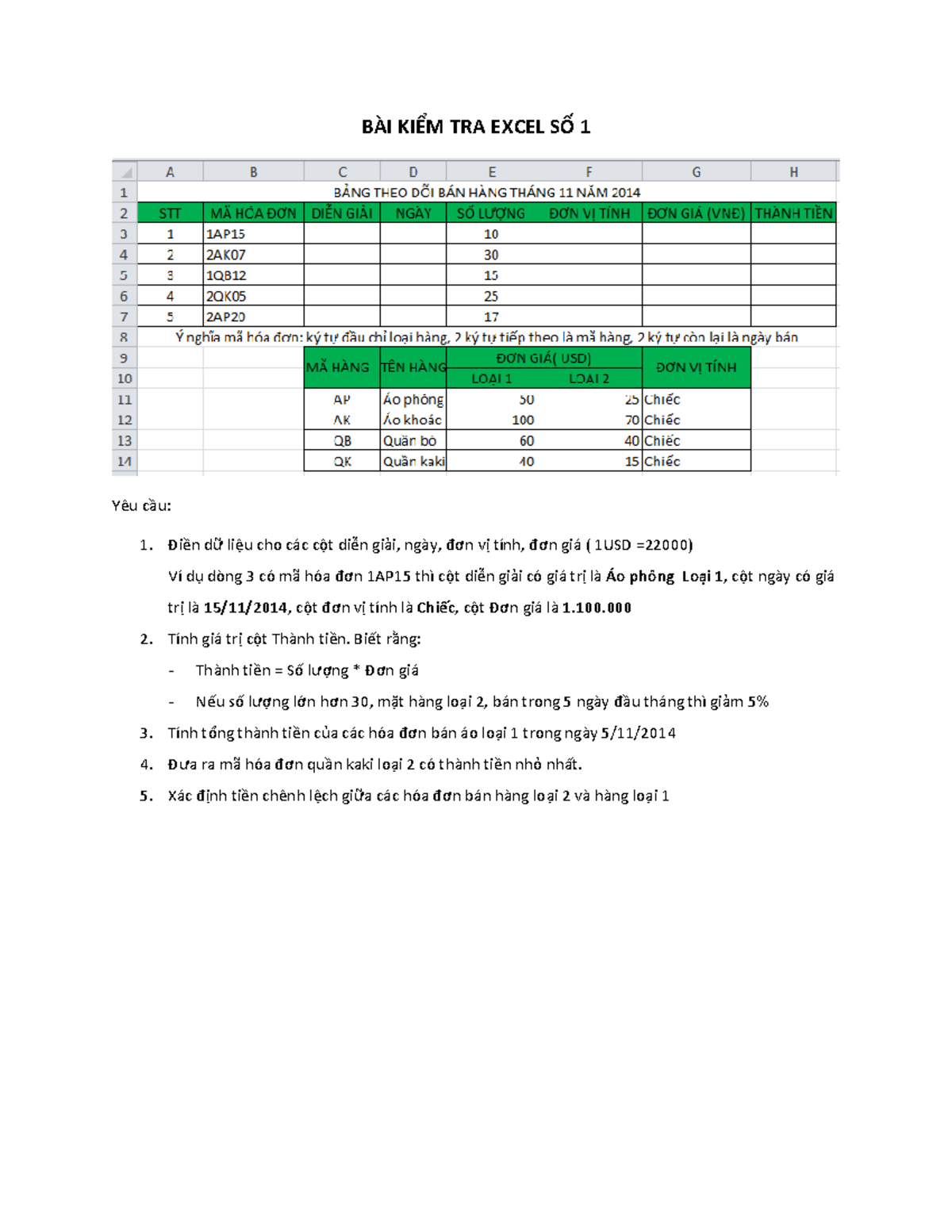 Bài kt excel số 1, 2 có đáp án - BÀI KIỂM TRA EXCEL SỐ 1 Yêu cầu: Điền ...