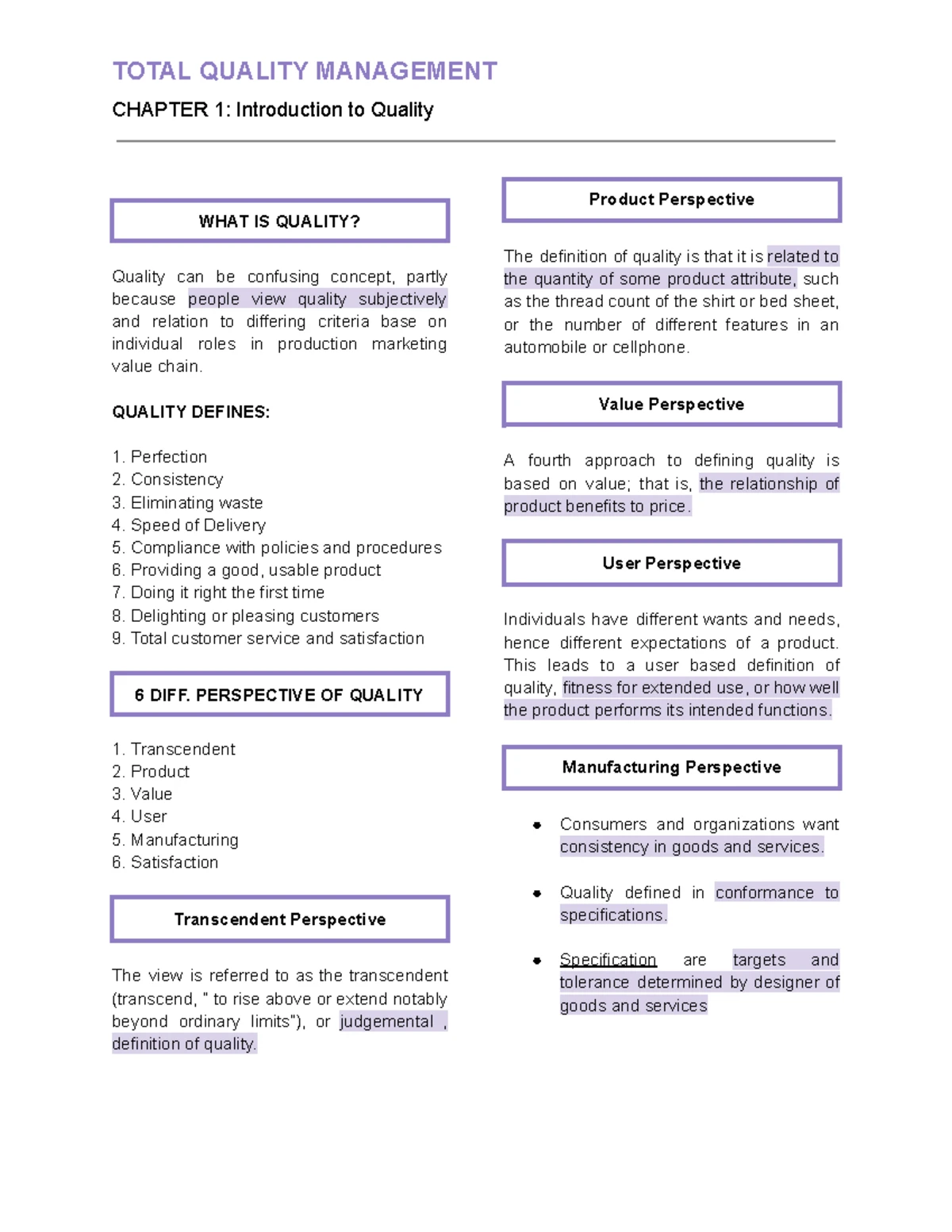 TQM 404 - Lecture Notes on Process Focus and Management Concepts - Studocu