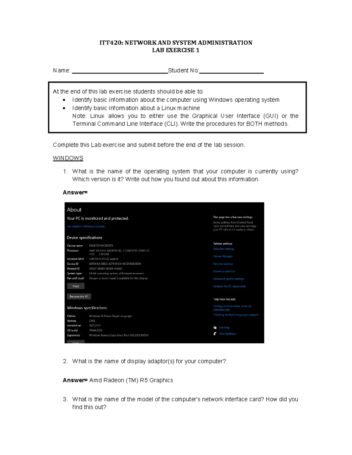 ITT420: Lab 1 - Windows vs Linux Basic Info via GUI & CLI - Studocu
