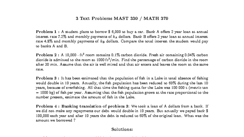 3 Text Problems MAST 330 MATH 370: First Order Models Analysis - Studocu