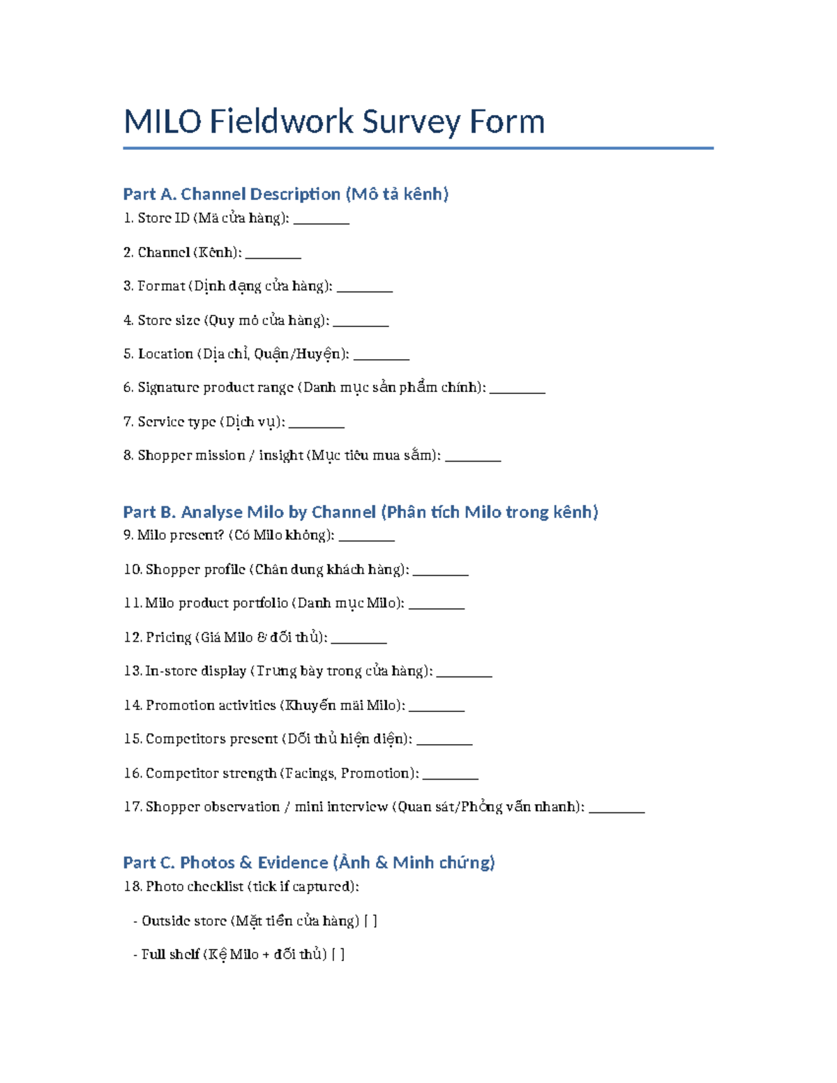 MILO Fieldwork Survey Form: Channel Analysis & Insights - Studocu