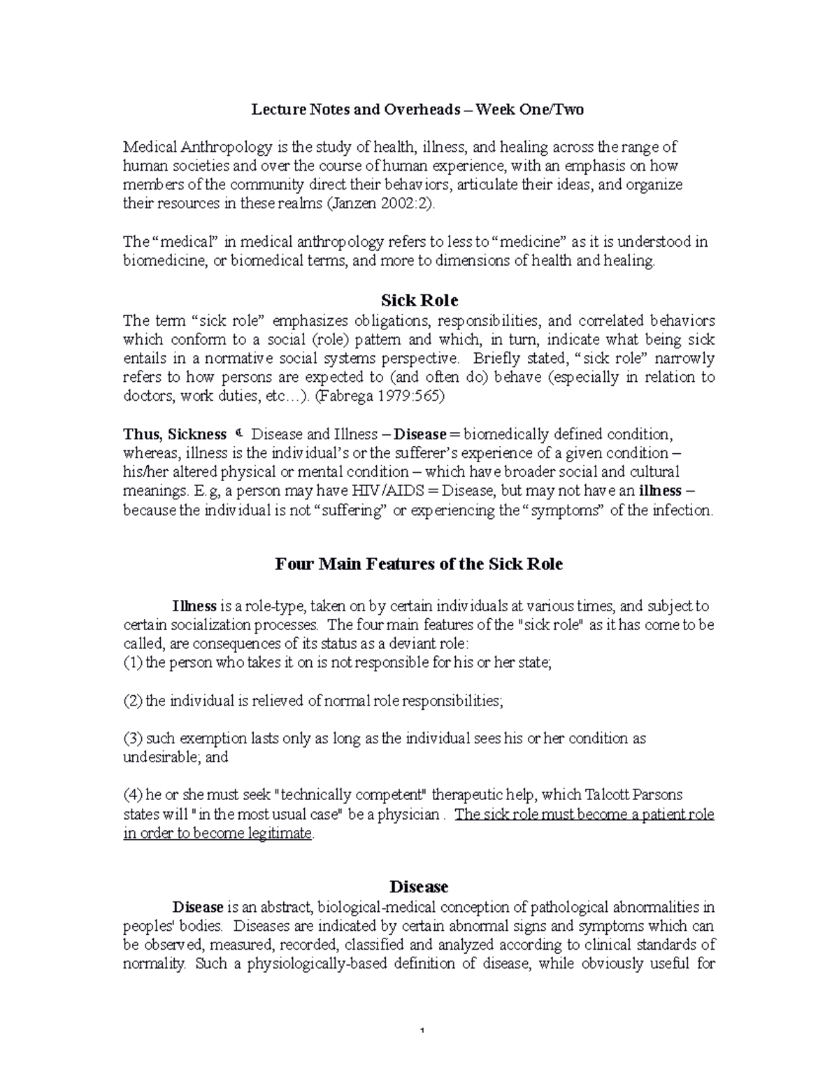 Anthro 227.101.2014: Lecture Notes for Weeks 1 and 2 on Medical ...