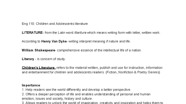 Eng 110: Children and Adolescents Literature Overview and Development - Studocu