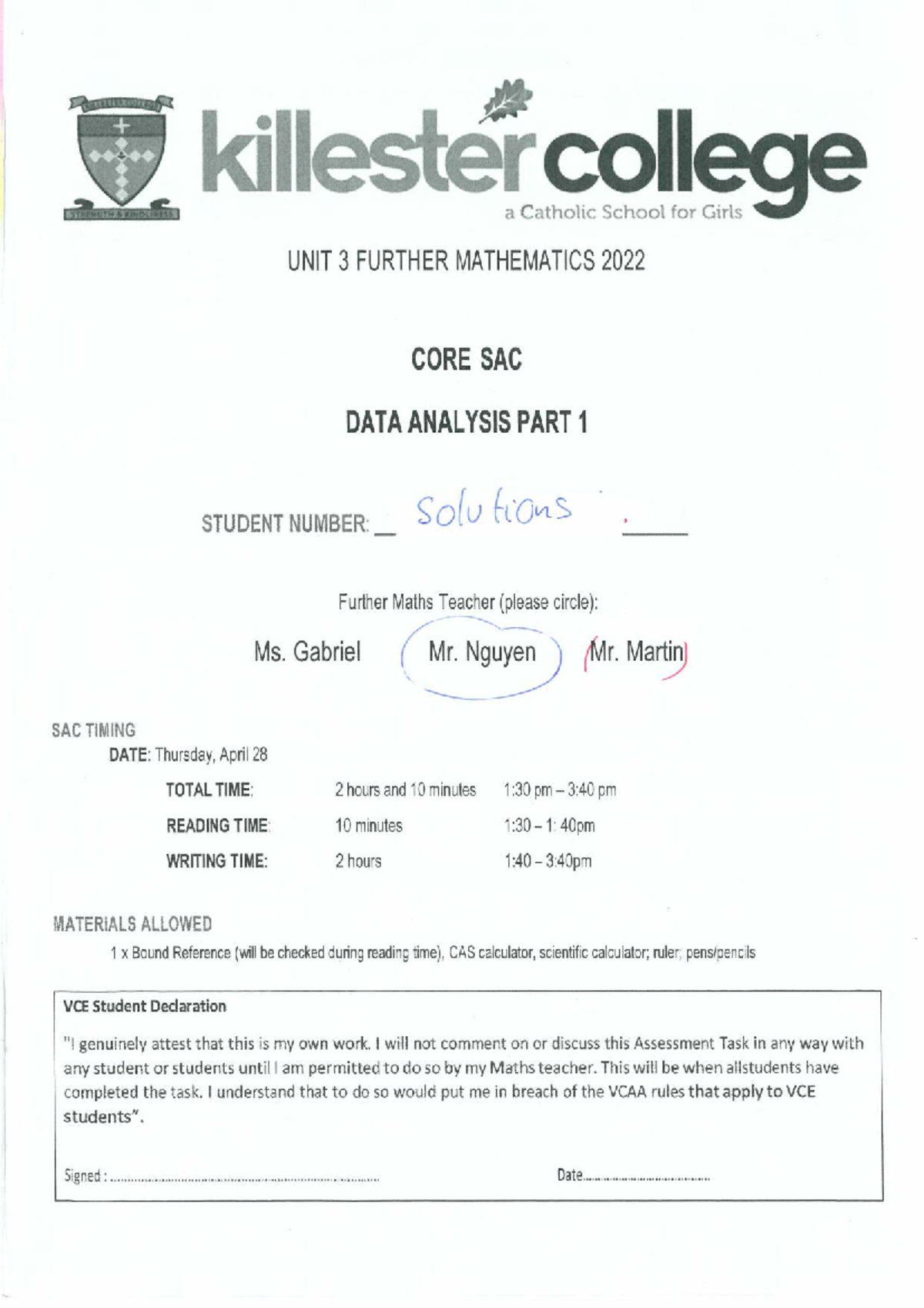 SAC1 Part 1 Solutions for Further Mathematics 2022 Data Analysis - Studocu