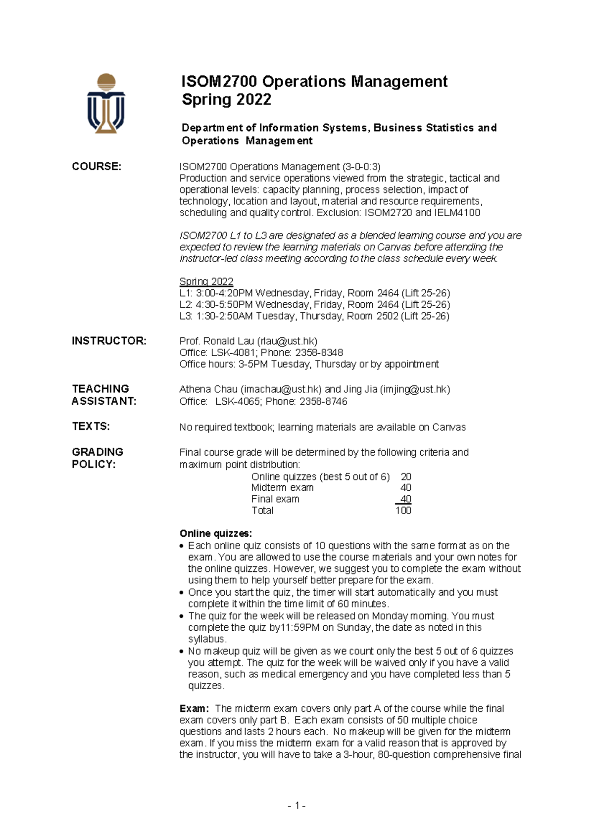 ISOM2700 Spring 2022 Operations Management Course Syllabus and Info ...