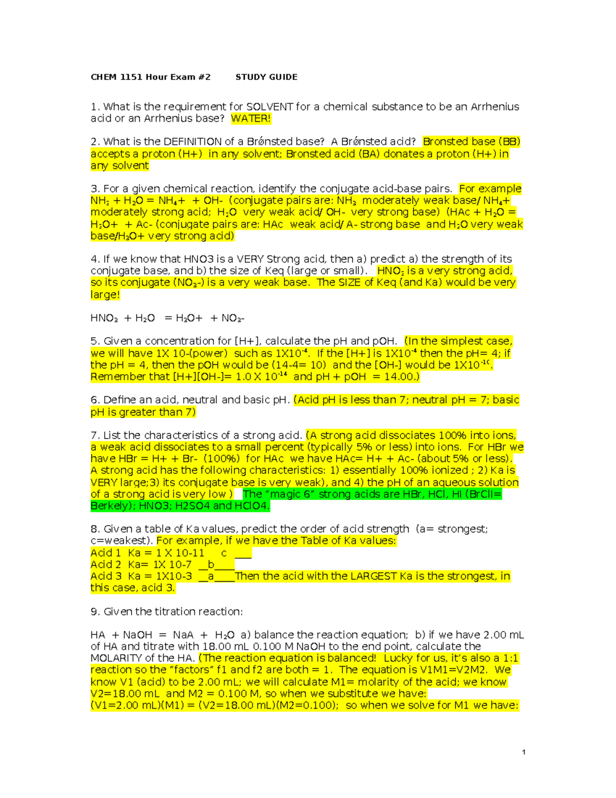 CHEM 1151 Final Exam Study Guide: Acid-Base Concepts - Studocu