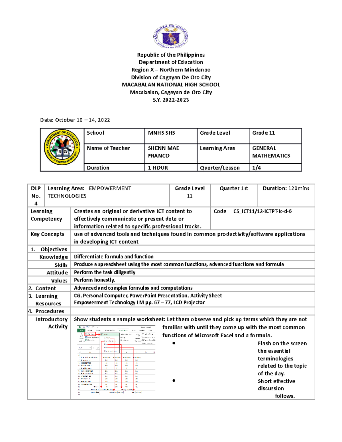Excel DLP - Detailed Lesson Plan for Grade 11 General Math - Studocu