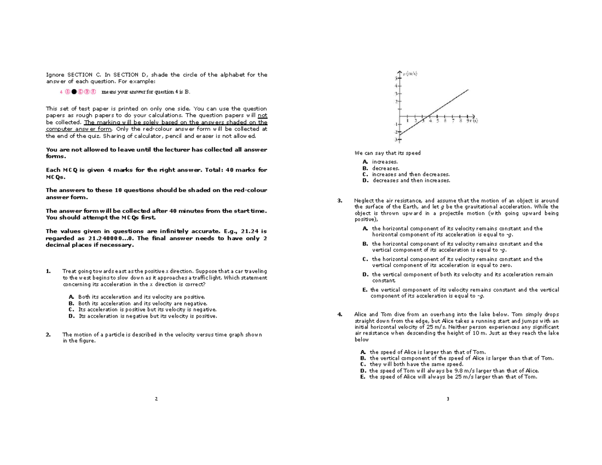 Mock test 2 - practice paper - Ignore SECTION C. In SECTION D, shade ...