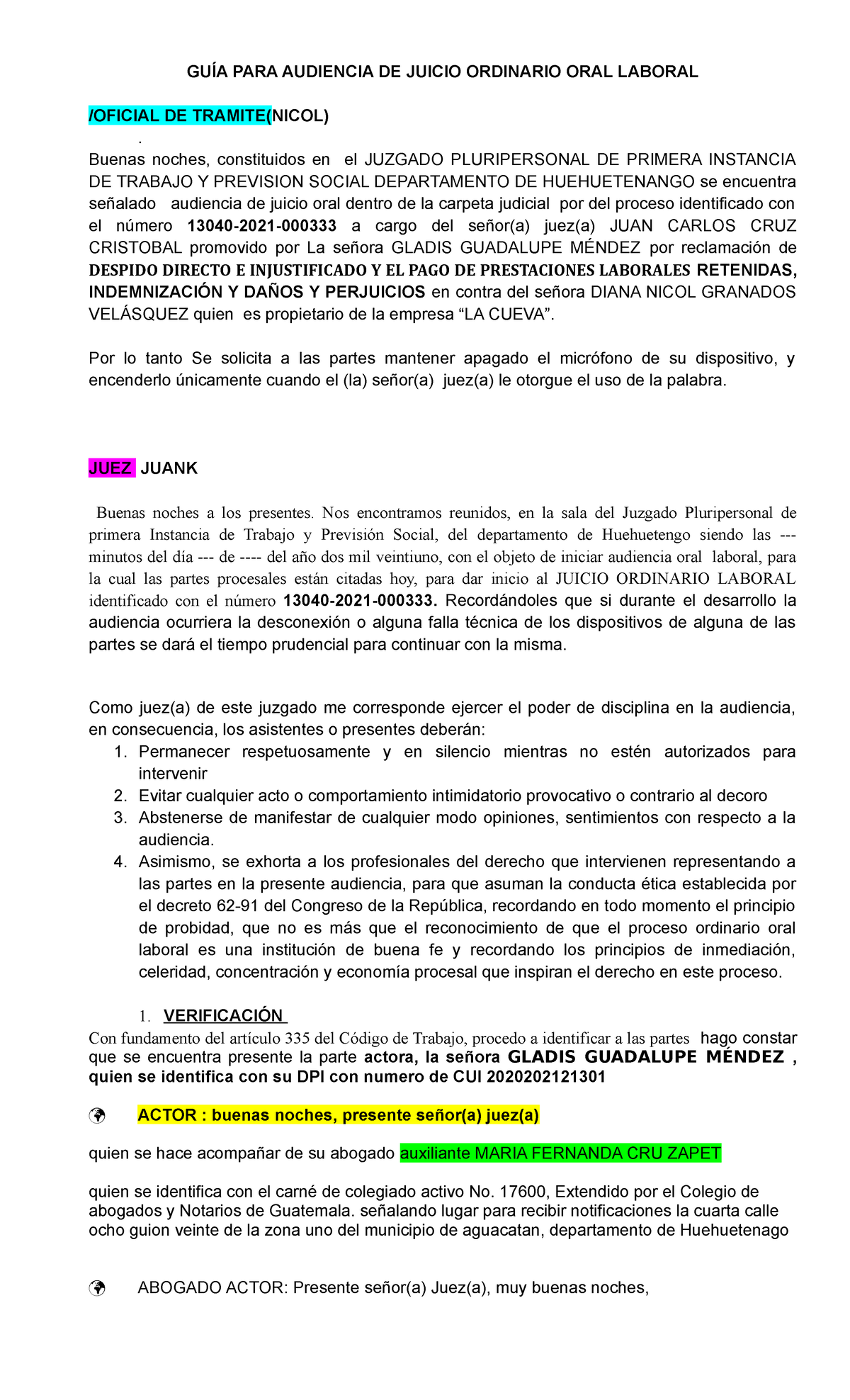 Guía de Audiencia Laboral - Juicio Ordinario Oral 2222 - Document Preview